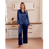 Ekouaer Women’s Satin Silk Pajamas Long Sleeve Button Up Pjs Lounge Sets | Soft 2-Piece Set, Adjustable Drawstring Waistband, Side Pockets, Ideal for Sleep, Lounging, Party(Navy Blue)