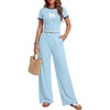 Ekouaer Lounge Sets for Women 2 Piece Summer Matching Set with Pockets | Vacation Airport Travel Outfits,Soft Stretch Loungewear,Slim Short Sleeve Graphic Top and Pants,Comfy Casual Clothes(Light Blue-palm Tree)