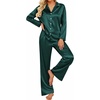 Ekouaer Women’s Satin Silk Pajamas Long Sleeve Button Up Pjs Lounge Sets | Soft 2-Piece Set, Adjustable Drawstring Waistband, Side Pockets, Ideal for Sleep, Lounging, Party(Dark Green)