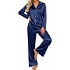 Ekouaer Women’s Satin Silk Pajamas Long Sleeve Button Up Pjs Lounge Sets | Soft 2-Piece Set, Adjustable Drawstring Waistband, Side Pockets, Ideal for Sleep, Lounging, Party(Navy Blue)