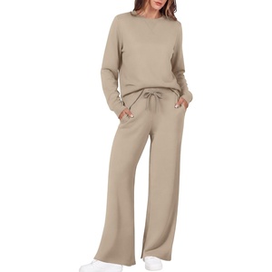 Ekouaer 2 Piece Sets for Women Fall Lounge Sets Outfits Matching Clothing | 2026 Fall Long Sleeve Pullover Top,Wide-Leg Pants Pockets,Drawstring Elastic Waist,Airport Travel Set,Tracksuit,Sweatsuit(Light Khaki)