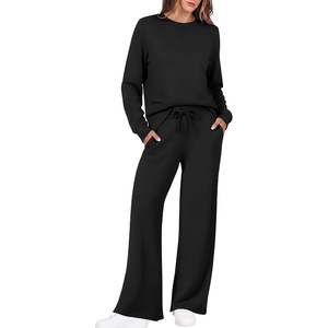 Ekouaer 2 Piece Sets for Women Fall Lounge Sets Outfits Matching Clothing | 2026 Fall Long Sleeve Pullover Top,Wide-Leg Pants Pockets,Drawstring Elastic Waist,Airport Travel Set,Tracksuit,Sweatsuit(Black)