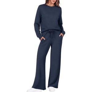 Ekouaer 2 Piece Sets for Women Fall Lounge Sets Outfits Matching Clothing | 2026 Fall Long Sleeve Pullover Top,Wide-Leg Pants Pockets,Drawstring Elastic Waist,Airport Travel Set,Tracksuit,Sweatsuit(Navy Blue)
