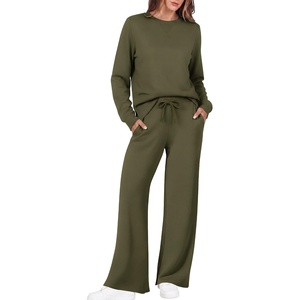 Ekouaer 2 Piece Sets for Women Fall Lounge Sets Outfits Matching Clothing | 2026 Fall Long Sleeve Pullover Top,Wide-Leg Pants Pockets,Drawstring Elastic Waist,Airport Travel Set,Tracksuit,Sweatsuit(Army Green)