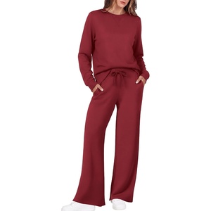 Ekouaer 2 Piece Sets for Women Fall Lounge Sets Outfits Matching Clothing | 2026 Fall Long Sleeve Pullover Top,Wide-Leg Pants Pockets,Drawstring Elastic Waist,Airport Travel Set,Tracksuit,Sweatsuit(Burgundy)
