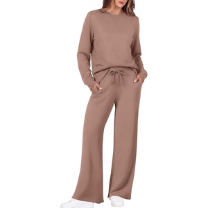 Ekouaer 2 Piece Sets for Women Fall Lounge Sets Outfits Matching Clothing | 2026 Fall Long Sleeve Pullover Top,Wide-Leg Pants Pockets,Drawstring Elastic Waist,Airport Travel Set,Tracksuit,Sweatsuit(Taupetastic)