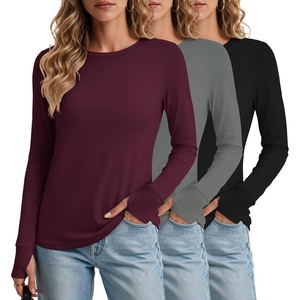 Ekouaer 3 Pack Womens Long Sleeve Shirts Thumb Hole Tops Fall Clothes | Crew Neck T Shirts, Loose Fit, Thermal, Undershirts, Layering, Casual, Work, Winter Outfits(3pcs Black/ Dark Grey/ Wine Red)