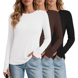 Ekouaer 3 Pack Womens Long Sleeve Shirts Thumb Hole Tops Fall Clothes | Crew Neck T Shirts, Loose Fit, Thermal, Undershirts, Layering, Casual, Work, Winter Outfits(3pcs Black/ White/ Brown)