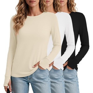 Ekouaer 3 Pack Womens Long Sleeve Shirts Thumb Hole Tops Fall Clothes | Crew Neck T Shirts, Loose Fit, Thermal, Undershirts, Layering, Casual, Work, Winter Outfits(3pcs Black/ White/ Beige)