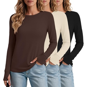 Ekouaer 3 Pack Womens Long Sleeve Shirts Thumb Hole Tops Fall Clothes | Crew Neck T Shirts, Loose Fit, Thermal, Undershirts, Layering, Casual, Work, Winter Outfits(3pcs Black/ Beige/ Brown)