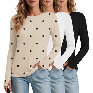 Ekouaer 3 Pack Womens Long Sleeve Shirts Thumb Hole Tops Fall Clothes | Crew Neck T Shirts, Loose Fit, Thermal, Undershirts, Layering, Casual, Work, Winter Outfits(3pcs Black/ White/ Polka Dot Khaki)