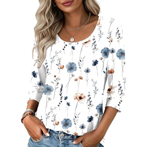 Ekouaer 3/4 Sleeve Womens Tops Scoop Neck T Shirts 2026 Casual Basic Tees | Casual Tops,Cute Basic Tops Vacation Outfits,Comfy Basic Tees,Loose Fit Tops For All-Season Daily Wear,available in S-3XL(Floral White)