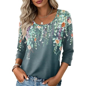 Ekouaer 3/4 Sleeve Womens Tops Scoop Neck T Shirts 2026 Casual Basic Tees | Casual Tops,Cute Basic Tops Vacation Outfits,Comfy Basic Tees,Loose Fit Tops For All-Season Daily Wear,available in S-3XL(Flower Print-wf71)