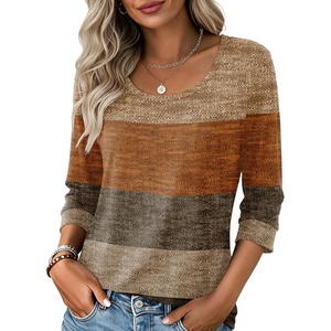 Ekouaer 3/4 Sleeve Womens Tops Scoop Neck T Shirts 2026 Casual Basic Tees | Casual Tops,Cute Basic Tops Vacation Outfits,Comfy Basic Tees,Loose Fit Tops For All-Season Daily Wear,available in S-3XL(Striped Khaki)