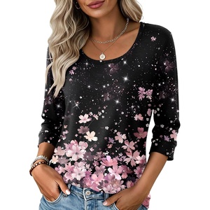 Ekouaer 3/4 Sleeve Womens Tops Scoop Neck T Shirts 2026 Casual Basic Tees | Casual Tops,Cute Basic Tops Vacation Outfits,Comfy Basic Tees,Loose Fit Tops For All-Season Daily Wear,available in S-3XL(Floral Black Multi)
