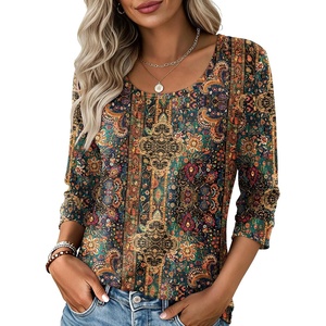 Ekouaer 3/4 Sleeve Womens Tops Scoop Neck T Shirts 2026 Casual Basic Tees | Casual Tops,Cute Basic Tops Vacation Outfits,Comfy Basic Tees,Loose Fit Tops For All-Season Daily Wear,available in S-3XL(Bohemian-mz721)