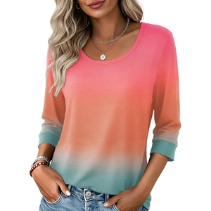 Ekouaer 3/4 Sleeve Womens Tops Scoop Neck T Shirts 2026 Casual Basic Tees | Casual Tops,Cute Basic Tops Vacation Outfits,Comfy Basic Tees,Loose Fit Tops For All-Season Daily Wear,available in S-3XL(Sunset Ombre)