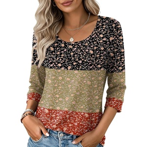 Ekouaer 3/4 Sleeve Womens Tops Scoop Neck T Shirts 2026 Casual Basic Tees | Casual Tops,Cute Basic Tops Vacation Outfits,Comfy Basic Tees,Loose Fit Tops For All-Season Daily Wear,available in S-3XL(Flowers-xh553)