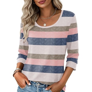 Ekouaer 3/4 Sleeve Womens Tops Scoop Neck T Shirts 2026 Casual Basic Tees | Casual Tops,Cute Basic Tops Vacation Outfits,Comfy Basic Tees,Loose Fit Tops For All-Season Daily Wear,available in S-3XL(Striped Pink Blue)