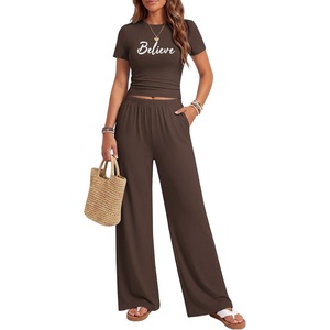Ekouaer Lounge Sets for Women 2 Piece Summer Matching Set with Pockets | Vacation Airport Travel Outfits,Soft Stretch Loungewear,Slim Short Sleeve Graphic Top and Pants,Comfy Casual Clothes(Brown-letter)