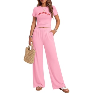 Ekouaer Lounge Sets for Women 2 Piece Summer Matching Set with Pockets | Vacation Airport Travel Outfits,Soft Stretch Loungewear,Slim Short Sleeve Graphic Top and Pants,Comfy Casual Clothes(Pink-letter)