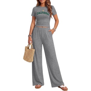Ekouaer Lounge Sets for Women 2 Piece Summer Matching Set with Pockets | Vacation Airport Travel Outfits,Soft Stretch Loungewear,Slim Short Sleeve Graphic Top and Pants,Comfy Casual Clothes(Grey-letter)
