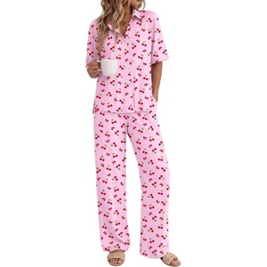 Ekouaer Pajamas for Women Set Button Up Short Sleeve Pjs with Long Pants | Summer Sleepwear, Deep Pockets, Soft Fabric, 2 Piece Lounge Set, Relaxed Fit, Various Occasions(Pink Cherry)
