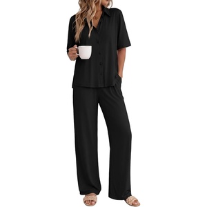 Ekouaer Pajamas for Women Set Button Up Short Sleeve Pjs with Long Pants | Summer Sleepwear, Deep Pockets, Soft Fabric, 2 Piece Lounge Set, Relaxed Fit, Various Occasions(Black)
