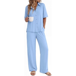 Ekouaer Pajamas for Women Set Button Up Short Sleeve Pjs with Long Pants | Summer Sleepwear, Deep Pockets, Soft Fabric, 2 Piece Lounge Set, Relaxed Fit, Various Occasions(Light Blue)