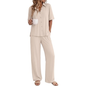 Ekouaer Pajamas for Women Set Button Up Short Sleeve Pjs with Long Pants | Summer Sleepwear, Deep Pockets, Soft Fabric, 2 Piece Lounge Set, Relaxed Fit, Various Occasions(Champagne)