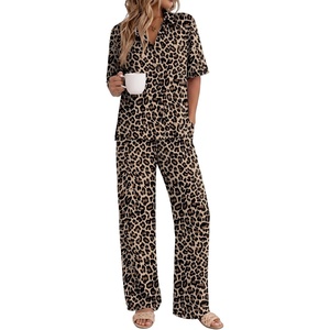 Ekouaer Pajamas for Women Set Button Up Short Sleeve Pjs with Long Pants | Summer Sleepwear, Deep Pockets, Soft Fabric, 2 Piece Lounge Set, Relaxed Fit, Various Occasions(Brown Leopard)