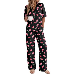 Ekouaer Pajamas for Women Set Button Up Short Sleeve Pjs with Long Pants | Summer Sleepwear, Deep Pockets, Soft Fabric, 2 Piece Lounge Set, Relaxed Fit, Various Occasions(Black Watermelon)