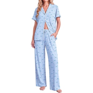 Ekouaer Pajamas for Women Set Button Up Soft Pjs Short Sleeve Lounge Sets | Cute Ruffle Sleeve,Notch Collar,Side Pockets,Comfy Lightweight Fabric,Ideal for Daily Wear,Postpartum,Party(Blue Stripes Bow)