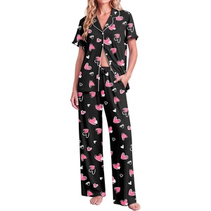 Ekouaer Pajamas for Women Set Button Up Soft Pjs Short Sleeve Lounge Sets | Cute Ruffle Sleeve,Notch Collar,Side Pockets,Comfy Lightweight Fabric,Ideal for Daily Wear,Postpartum,Party(Black With Pink Hearts)