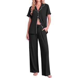 Ekouaer Pajamas for Women Set Button Up Soft Pjs Short Sleeve Lounge Sets | Cute Ruffle Sleeve,Notch Collar,Side Pockets,Comfy Lightweight Fabric,Ideal for Daily Wear,Postpartum,Party(Black)