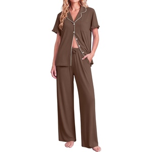 Ekouaer Pajamas for Women Set Button Up Soft Pjs Short Sleeve Lounge Sets | Cute Ruffle Sleeve,Notch Collar,Side Pockets,Comfy Lightweight Fabric,Ideal for Daily Wear,Postpartum,Party(Brown)