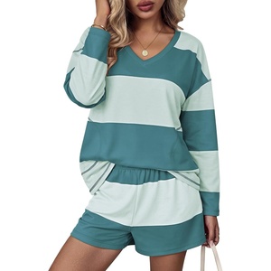 Ekouaer Two Piece Sets for Women Fall Lounge Sets Long Sleeve Shorts Set | Oversized Matching Outfit, 2026 Fall Striped Shirts and Shorts Set, V Neck Top with Pockets, Casual Matching Clothing Set(Green Combo)