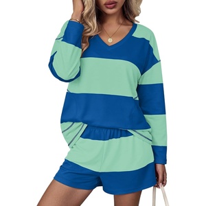 Ekouaer Two Piece Sets for Women Fall Lounge Sets Long Sleeve Shorts Set | Oversized Matching Outfit, 2026 Fall Striped Shirts and Shorts Set, V Neck Top with Pockets, Casual Matching Clothing Set(Blue Green Combo)