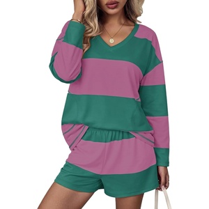 Ekouaer Two Piece Sets for Women Fall Lounge Sets Long Sleeve Shorts Set | Oversized Matching Outfit, 2026 Fall Striped Shirts and Shorts Set, V Neck Top with Pockets, Casual Matching Clothing Set(Pink Green Combo)