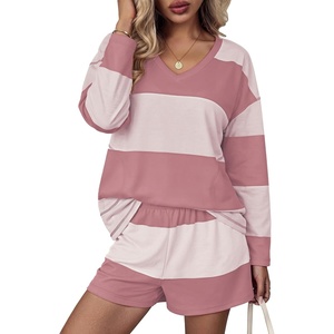 Ekouaer Two Piece Sets for Women Fall Lounge Sets Long Sleeve Shorts Set | Oversized Matching Outfit, 2026 Fall Striped Shirts and Shorts Set, V Neck Top with Pockets, Casual Matching Clothing Set(Pink Combo)