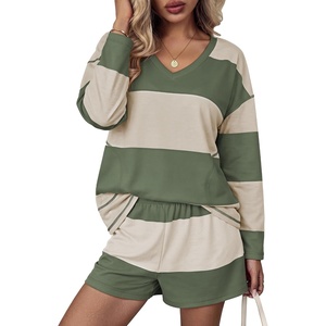 Ekouaer Two Piece Sets for Women Fall Lounge Sets Long Sleeve Shorts Set | Oversized Matching Outfit, 2026 Fall Striped Shirts and Shorts Set, V Neck Top with Pockets, Casual Matching Clothing Set(Army Green White Combo)
