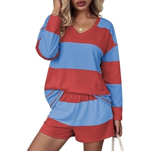 Ekouaer Two Piece Sets for Women Fall Lounge Sets Long Sleeve Shorts Set | Oversized Matching Outfit, 2026 Fall Striped Shirts and Shorts Set, V Neck Top with Pockets, Casual Matching Clothing Set(Red Blue Combo)