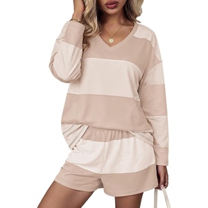 Ekouaer Two Piece Sets for Women Fall Lounge Sets Long Sleeve Shorts Set | Oversized Matching Outfit, 2026 Fall Striped Shirts and Shorts Set, V Neck Top with Pockets, Casual Matching Clothing Set(Beige White Combo)