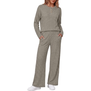Ekouaer Womens Pajama sets Long Sleeve Cozy 2 Piece Matching Lounge Set | Comfy non-itchy ribbed knit pjs, henley neck drop shoulder loose fit, elastic waist pants with pockets, fall pjs, great gift(Taupe)