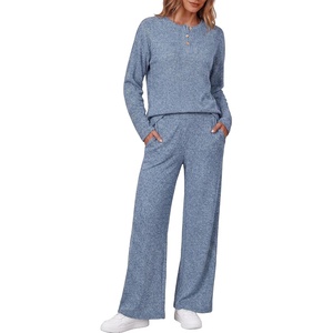 Ekouaer Womens Pajama sets Long Sleeve Cozy 2 Piece Matching Lounge Set | Comfy non-itchy ribbed knit pjs, henley neck drop shoulder loose fit, elastic waist pants with pockets, fall pjs, great gift(Dusty Blue)