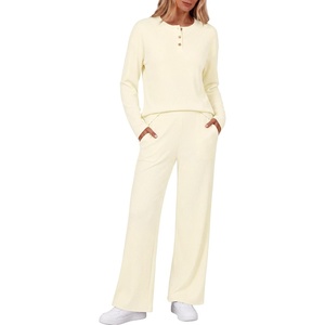 Ekouaer Womens Pajama sets Long Sleeve Cozy 2 Piece Matching Lounge Set | Comfy non-itchy ribbed knit pjs, henley neck drop shoulder loose fit, elastic waist pants with pockets, fall pjs, great gift(Beige)