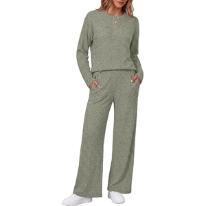 Ekouaer Womens Pajama sets Long Sleeve Cozy 2 Piece Matching Lounge Set | Comfy non-itchy ribbed knit pjs, henley neck drop shoulder loose fit, elastic waist pants with pockets, fall pjs, great gift(Olive Green)