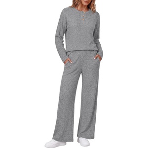 Ekouaer Womens Pajama sets Long Sleeve Cozy 2 Piece Matching Lounge Set | Comfy non-itchy ribbed knit pjs, henley neck drop shoulder loose fit, elastic waist pants with pockets, fall pjs, great gift(Light Heather Grey)