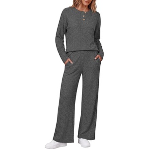 Ekouaer Womens Pajama sets Long Sleeve Cozy 2 Piece Matching Lounge Set | Comfy non-itchy ribbed knit pjs, henley neck drop shoulder loose fit, elastic waist pants with pockets, fall pjs, great gift(Deep Heather Grey)
