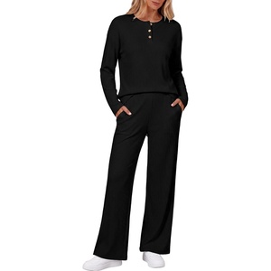Ekouaer Womens Pajama sets Long Sleeve Cozy 2 Piece Matching Lounge Set | Comfy non-itchy ribbed knit pjs, henley neck drop shoulder loose fit, elastic waist pants with pockets, fall pjs, great gift(Black)
